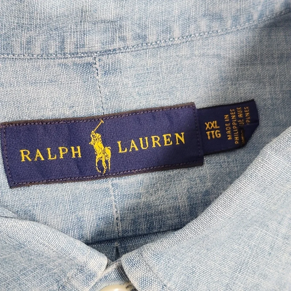 Ralph Lauren Shirt Mens XXL Blue Chambray Denim USA Flag Embroidered Western